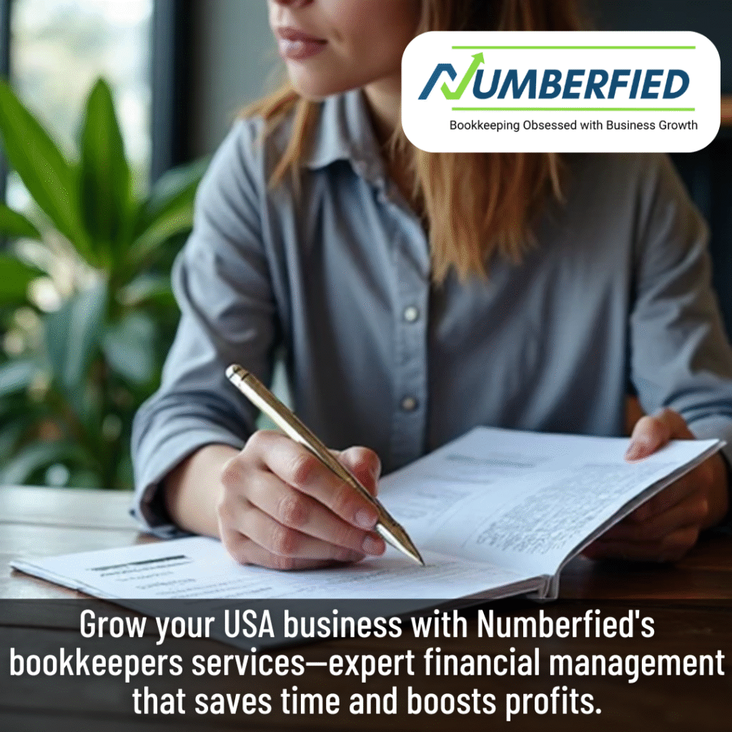 A person reviews financial documents at a desk, promoting Numberfied’s bookkeeping services for USA businesses with a focus on financial management and profit growth.