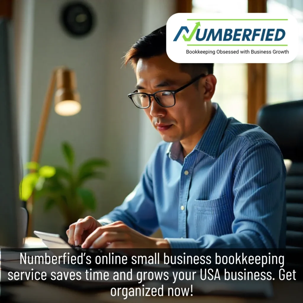 Bookkeeper in office doing calculations for online small business bookkeeping service