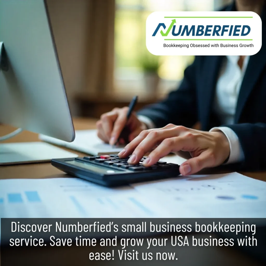 Hands using a calculator and writing notes on financial documents, representing Numberfied’s Small Business Bookkeeping Service that keeps income, expenses, and taxes organized.