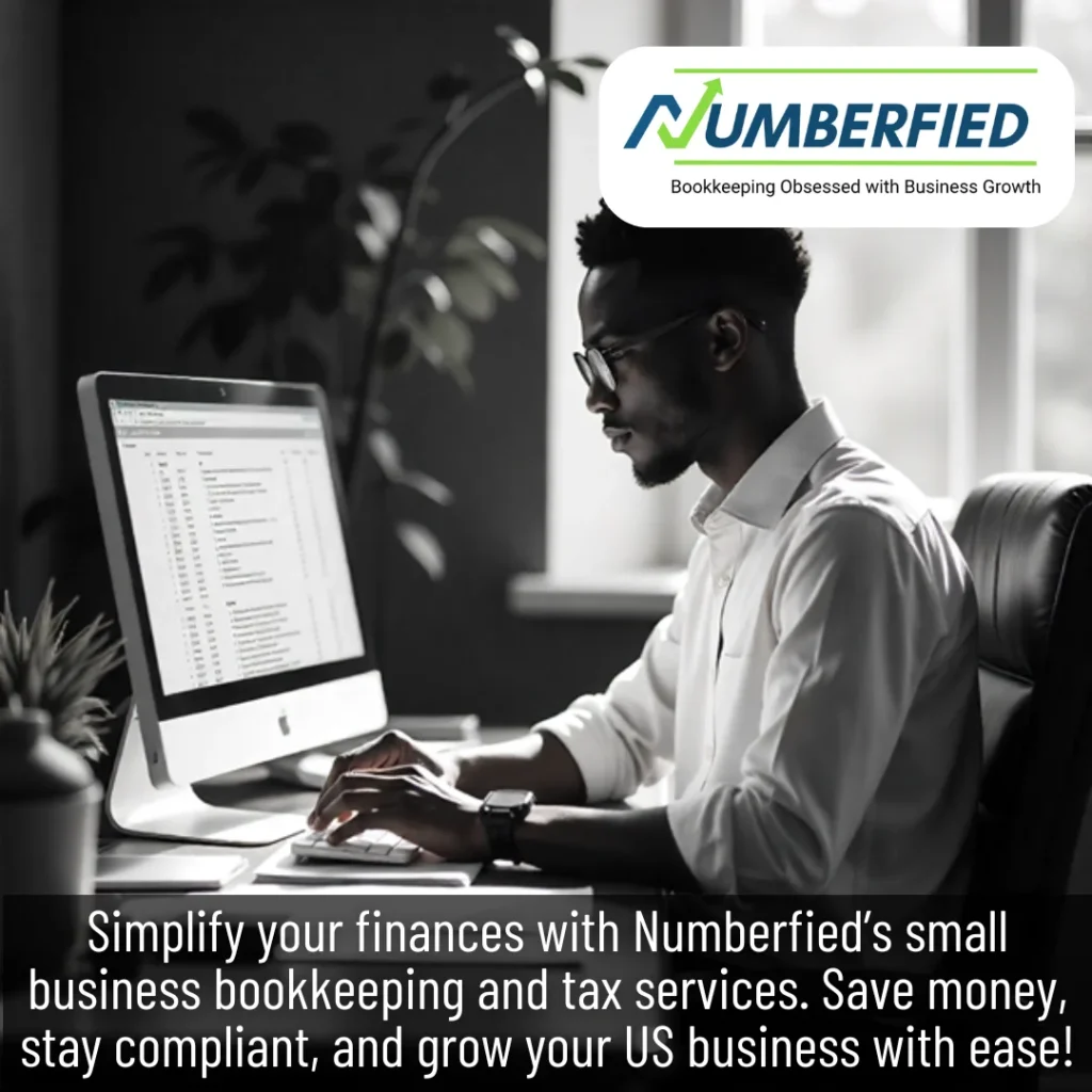 A professional working on a laptop in a modern office, representing Small Business Bookkeeping and Tax Services with accurate financial records and organized tax documents