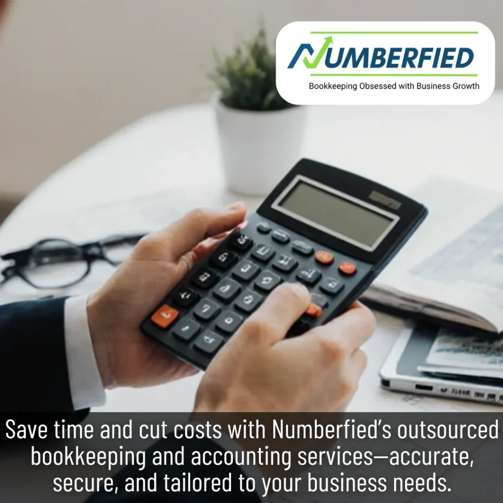 Professional reviewing numbers on calculator for outsourced bookkeeping and accounting services.