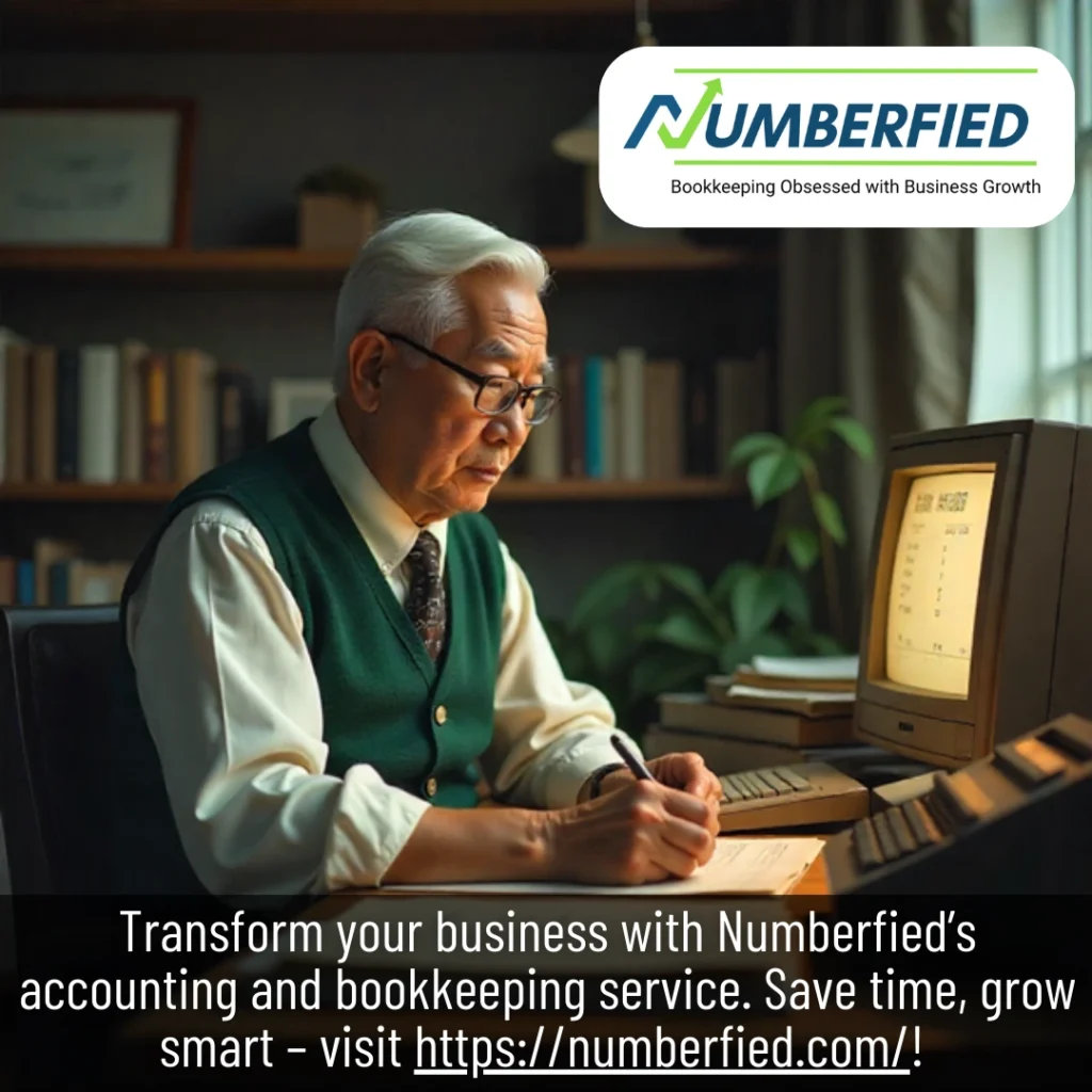 An experienced senior professional sitting at a desk, focused on paperwork and a laptop, representing the reliability and expertise of an Accounting & Bookkeeping Service.