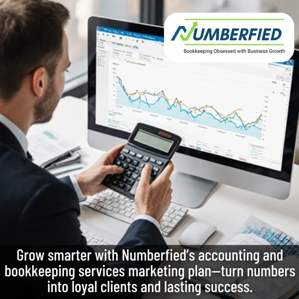 Accountant using calculator and charts to build Accounting and Bookkeeping Services Marketing Plan