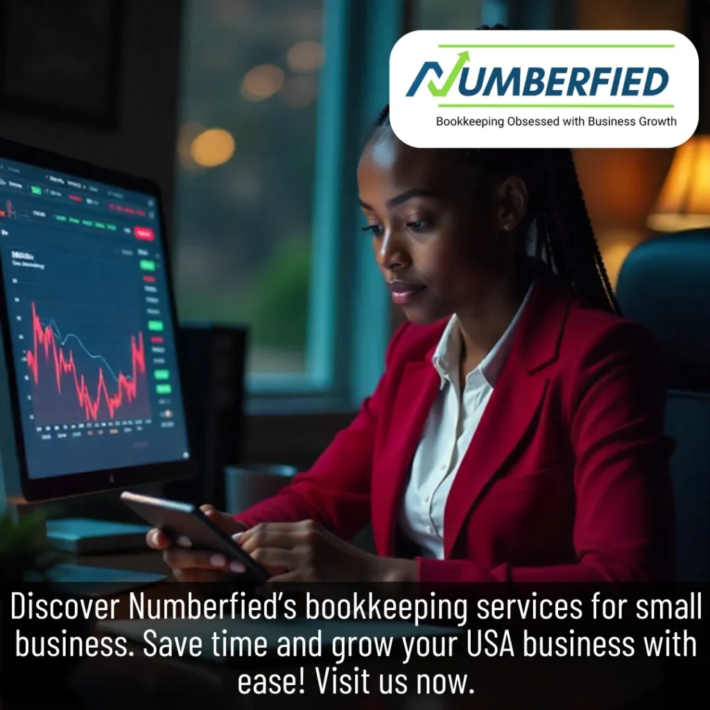Female accountant using phone at desk, charts on desktop, delivering Bookkeeping Services for Small Business.