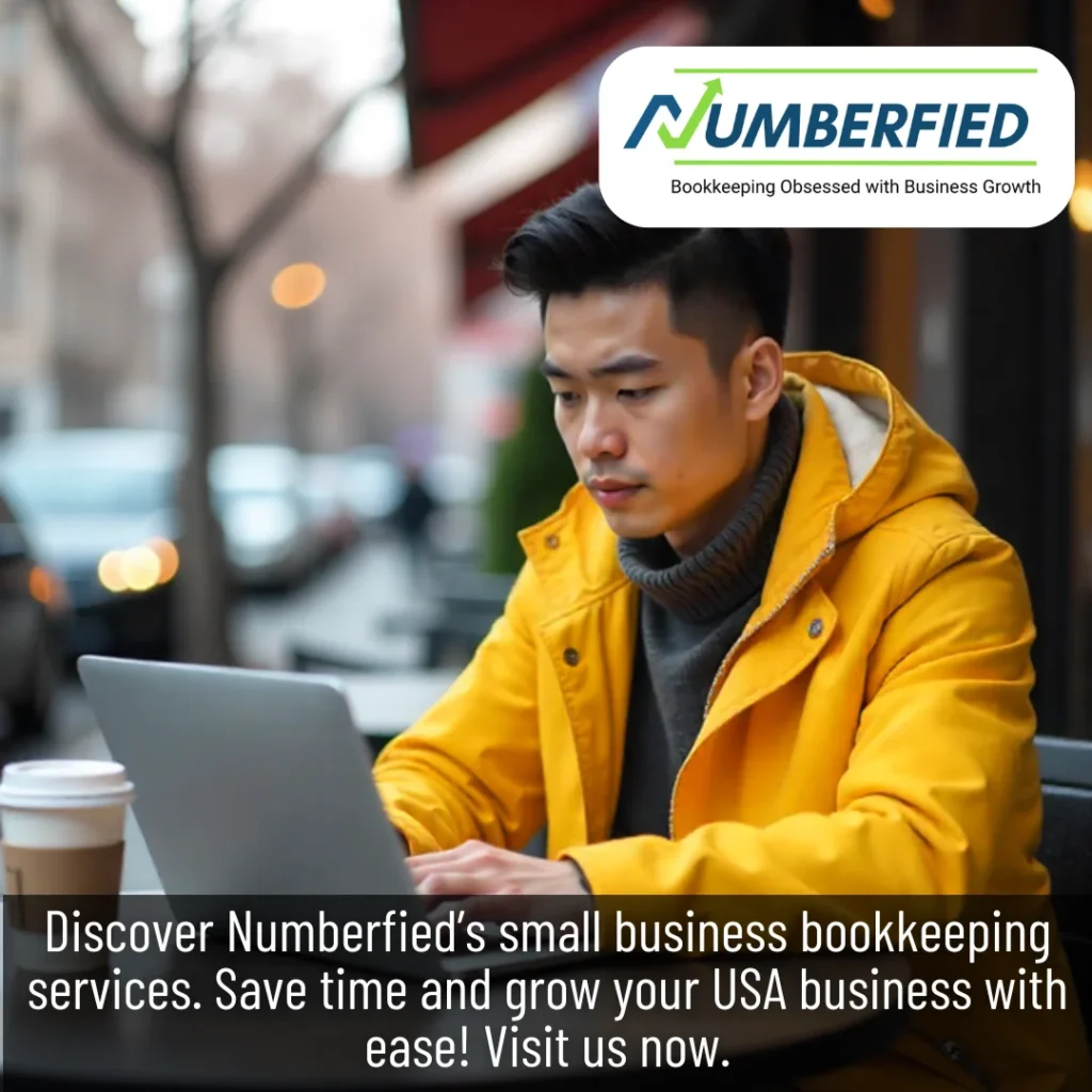 A man sitting at a desk with a laptop and a cup of coffee, working on financial records — representing small businesses bookkeeping services.