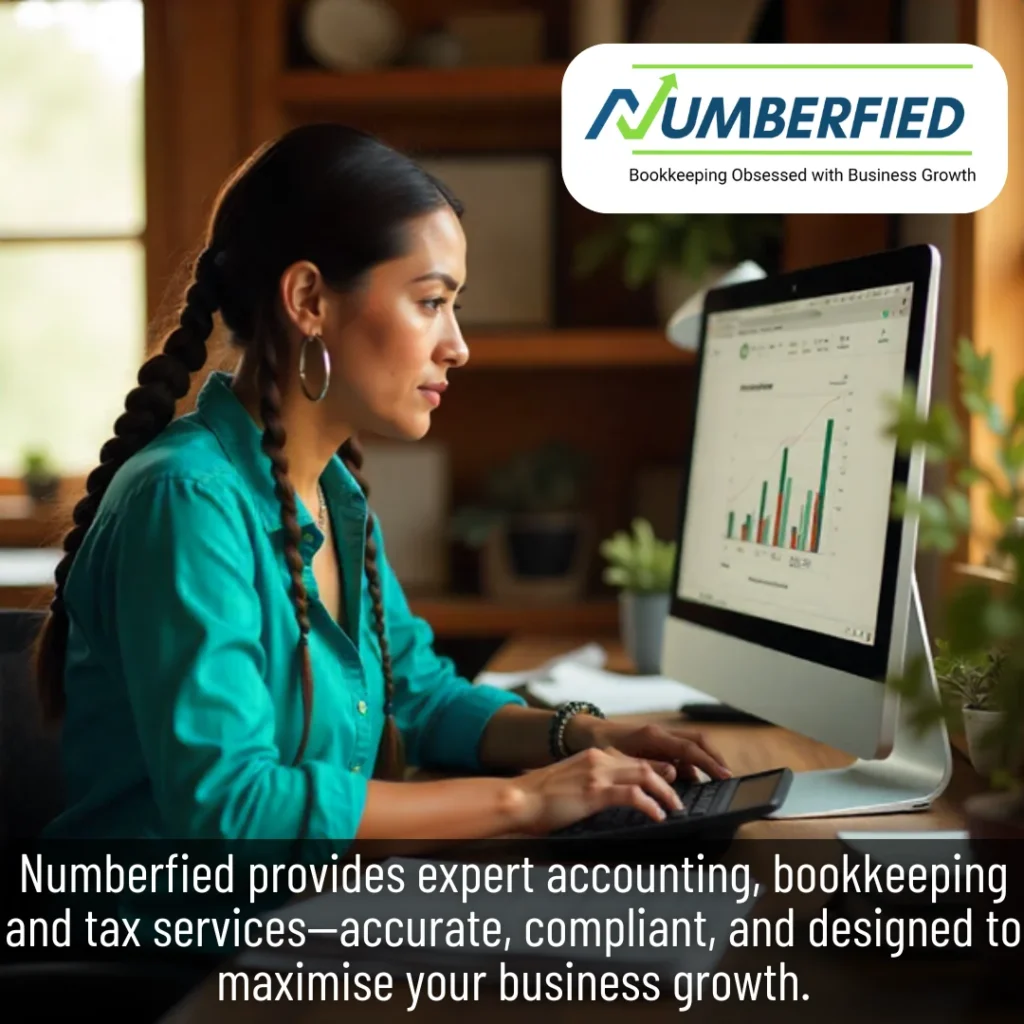 Professional accountant checking reports on her screen for accounting bookkeeping and tax services tasks.