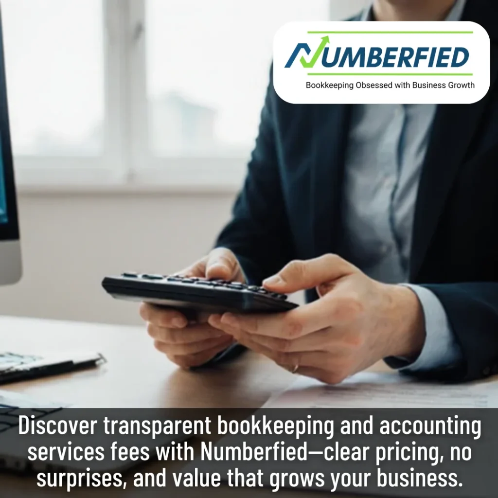 Close-up of hands on calculator working through bookkeeping and accounting services fees.