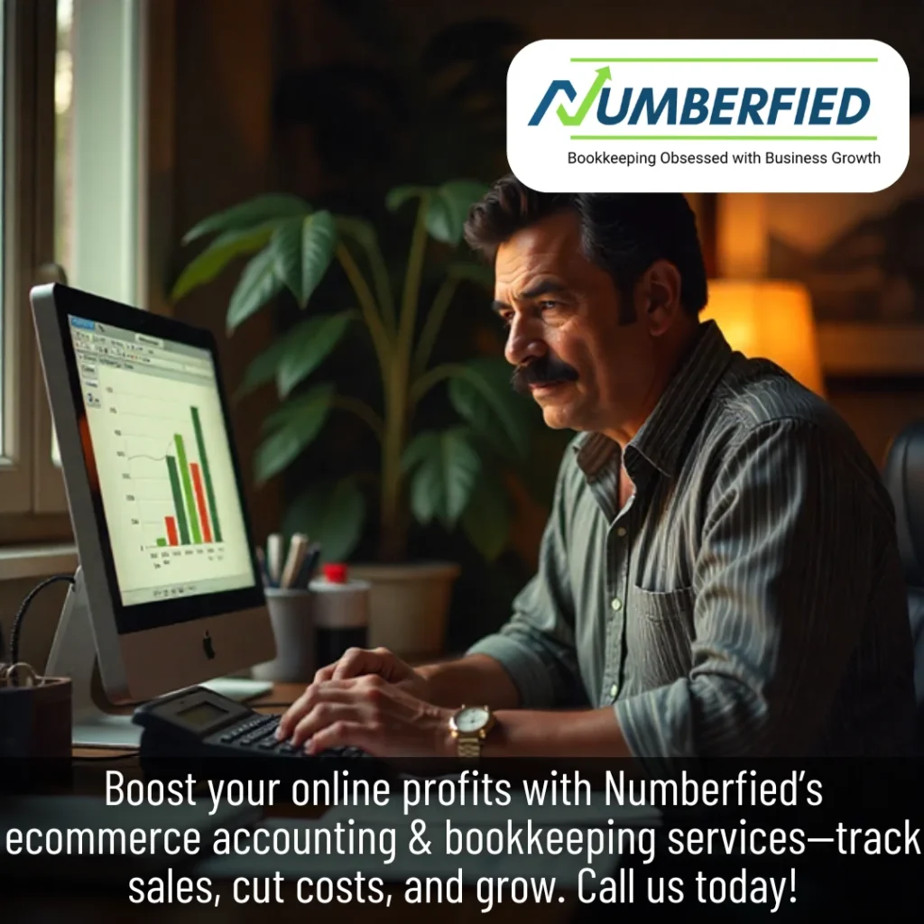 Accountant focused on desktop charts while handling ecommerce accounting bookkeeping services.