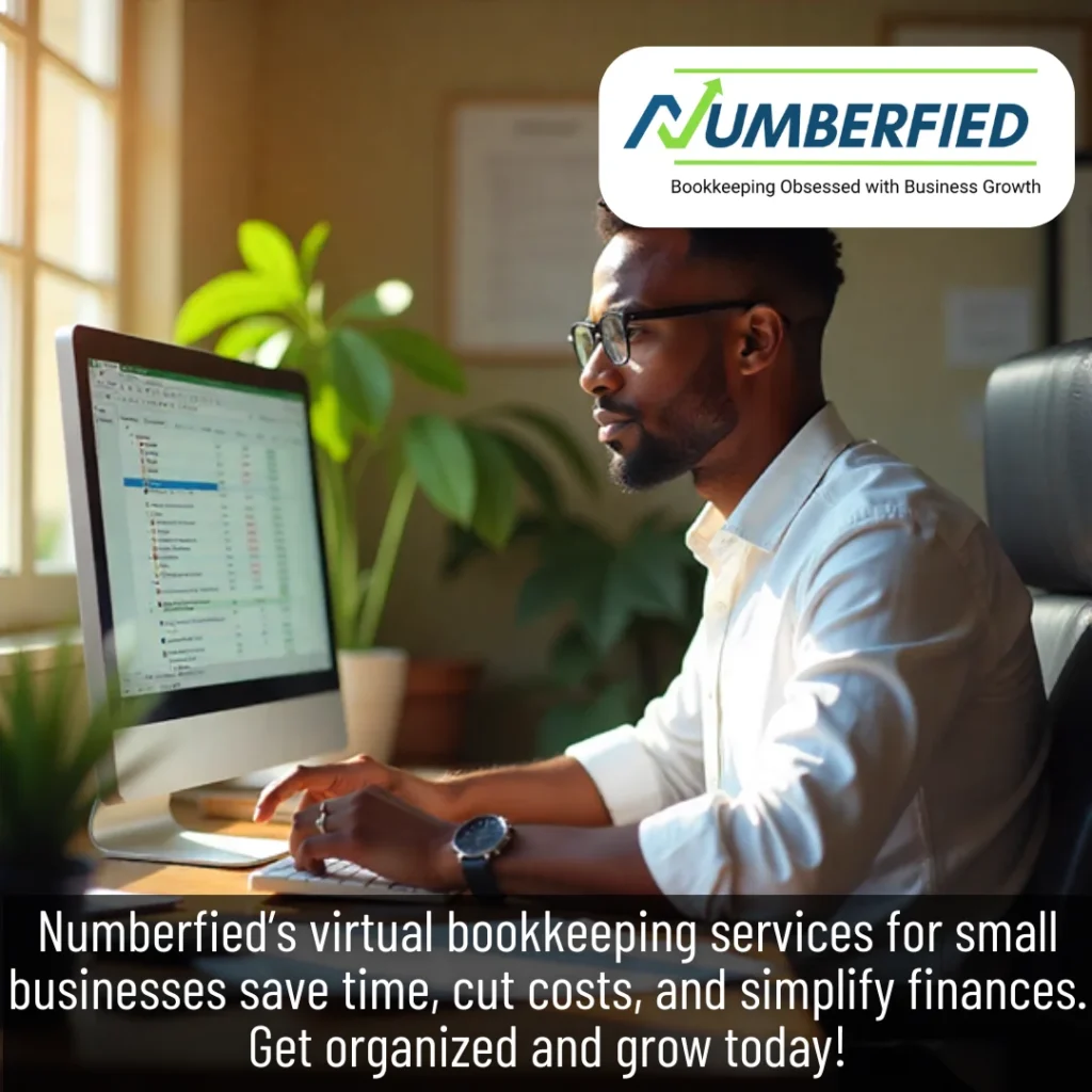 Professional providing virtual bookkeeping services for small businesses, sitting at a table and working on a laptop in a clean, well-lit office environment.