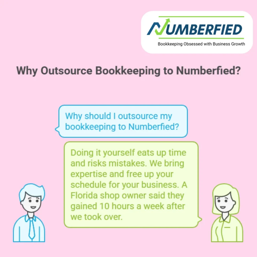 visuals of a conversation between two individuals, talking about why outsource bookkeeping to Numberfied.
