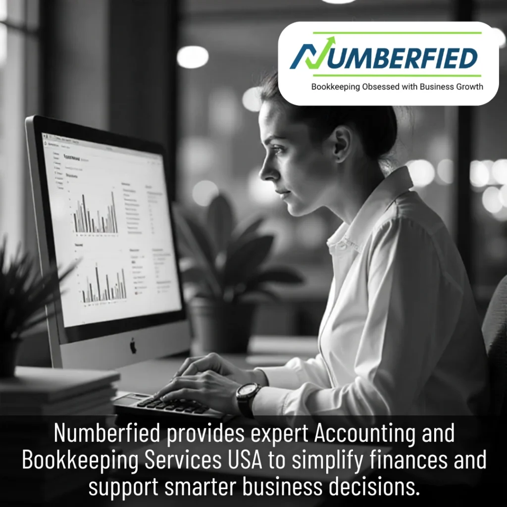 Accountant reviewing spreadsheets to manage taxes and payroll with accounting and bookkeeping services USA.