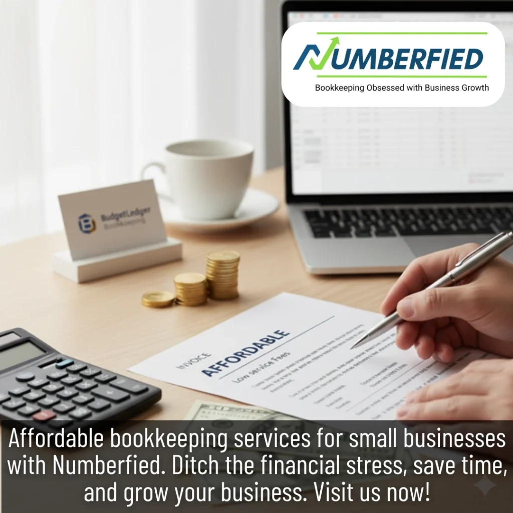 calculator, laptop and cup on table, pen in hand of a professional writing on paper, working to provide Affordable Bookkeeping Services