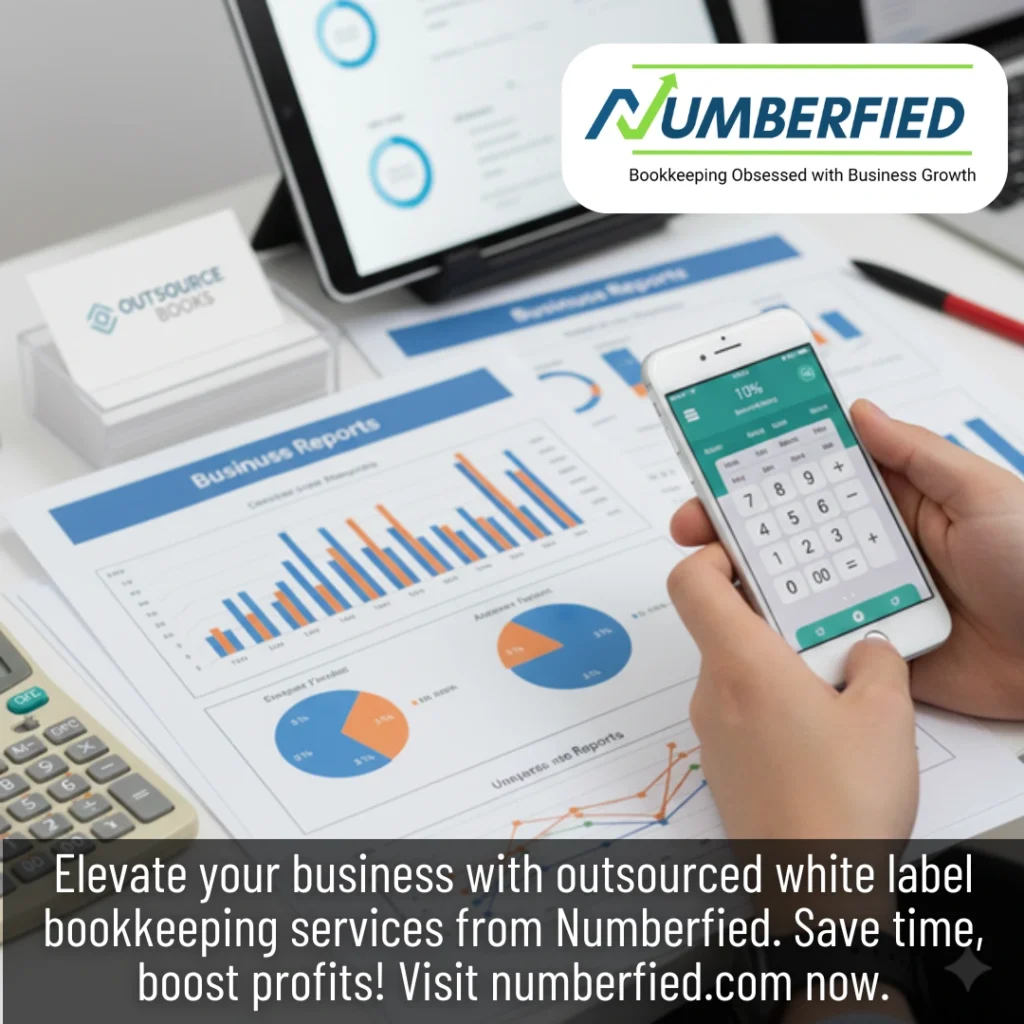 Pic of professional setup, charts and graphs on desk, mobile in hands, providing Outsourced White Label Bookkeeping Services.