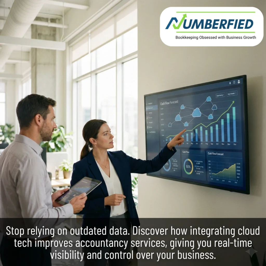 Two professionals reviewing a cloud dashboard to show how modern Accountancy Services provide real-time financial visibility and improved decision-making.