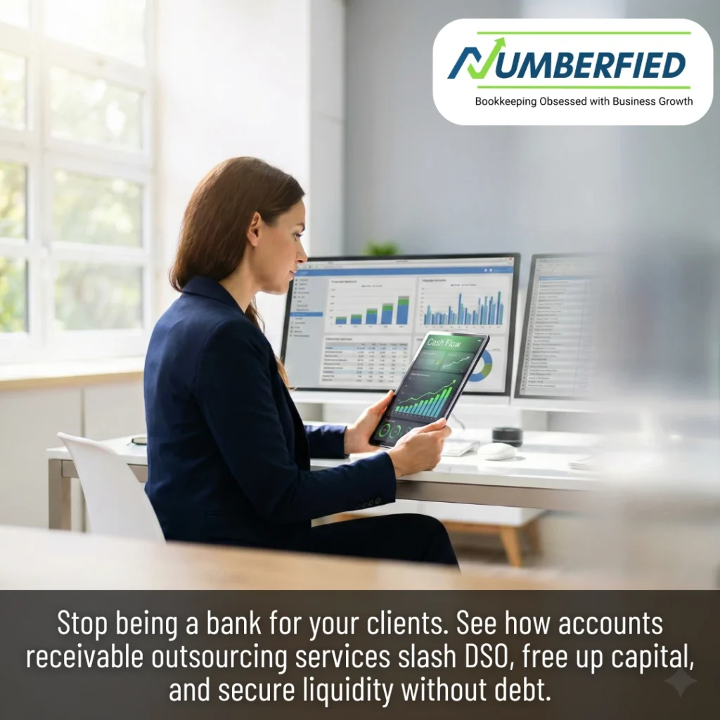 Business professional using financial dashboards to showcase the impact of Accounts Receivable Outsourcing Services on reducing DSO.