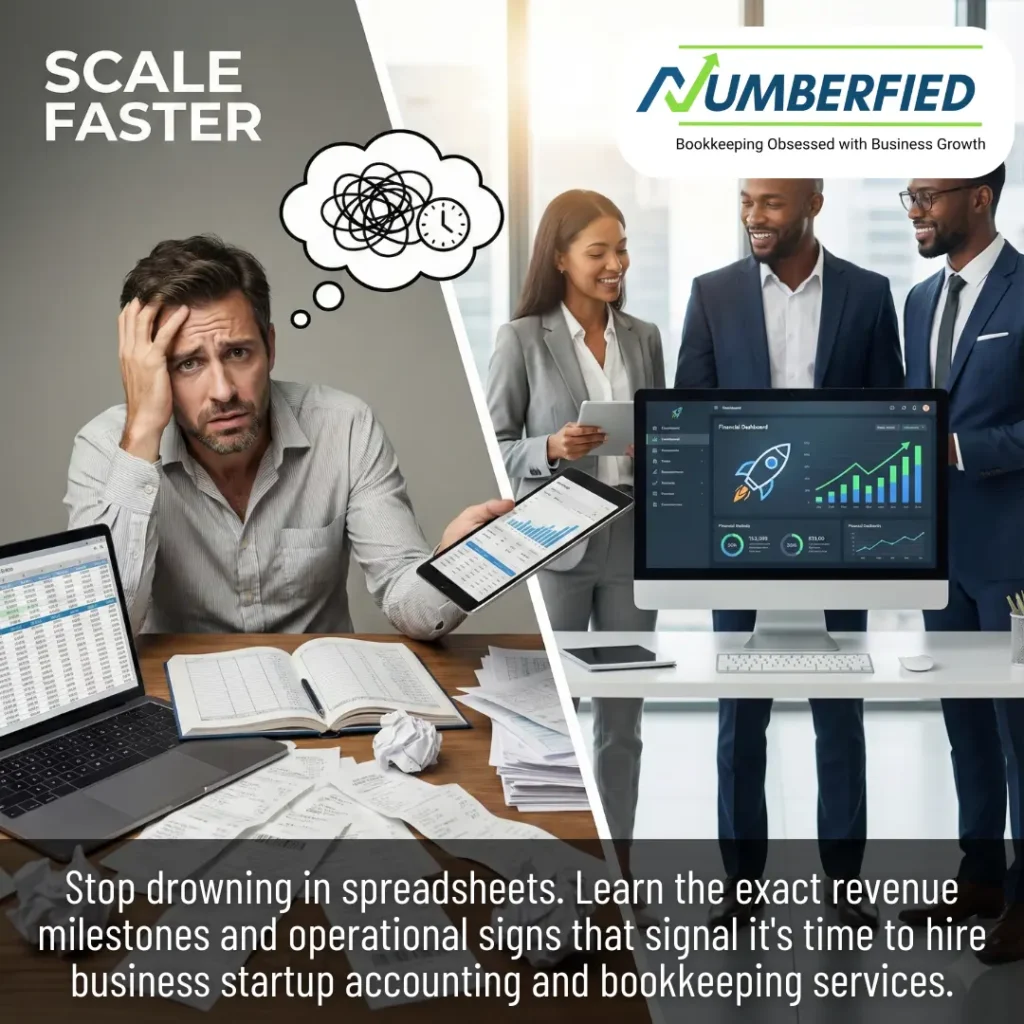 Split image showing a stressed founder buried in spreadsheets contrasted with a professional team using digital dashboards, highlighting the need for Business Startup Accounting and Bookkeeping Services.