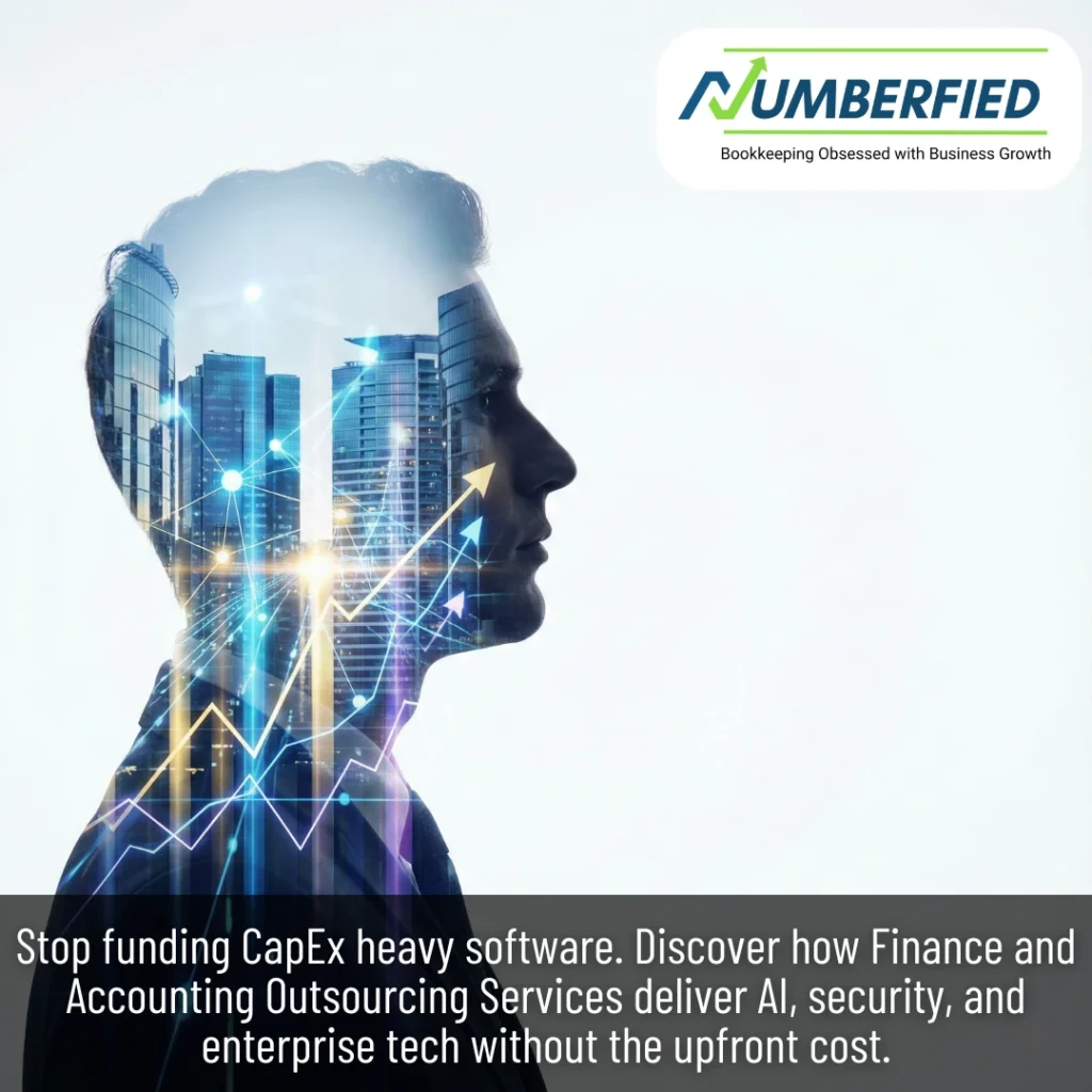 Business silhouette blended with city and digital graphics showing the impact of Finance and Accounting Outsourcing Services on tech efficiency.