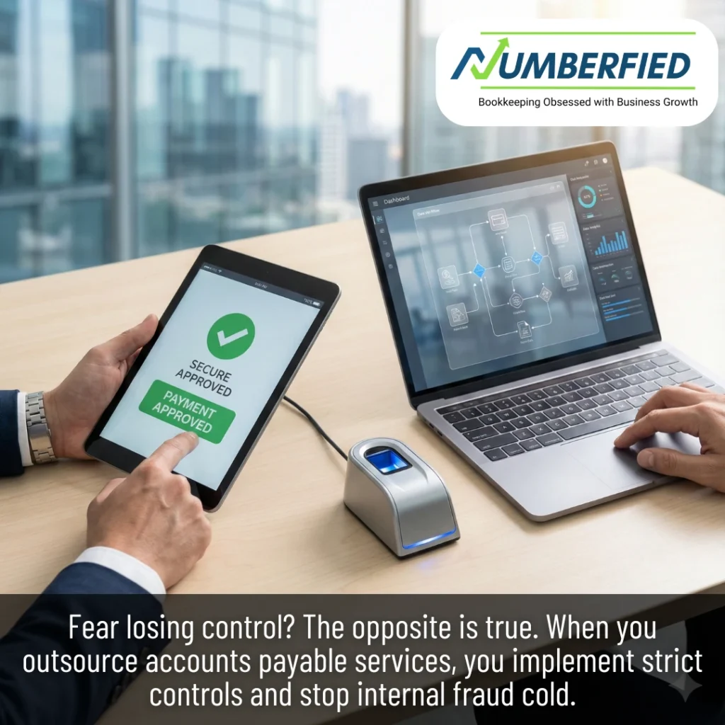 Secure digital payment process demonstrated on tablet and laptop screens to show how Outsource Accounts Payable Services strengthen controls.