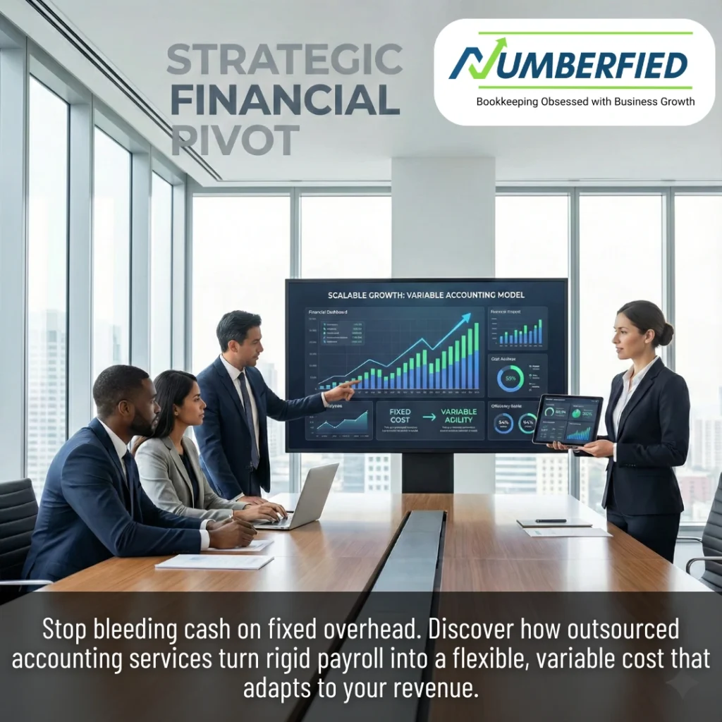 Strategic Financial Pivot: Professionals review a chart showing fixed payroll changing to flexible variable cost via outsourced accounting.