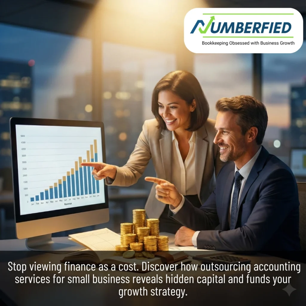Two professionals analyzing a rising revenue chart with gold coins. Numberfied logo, discussing outsourcing accounting services for small business.