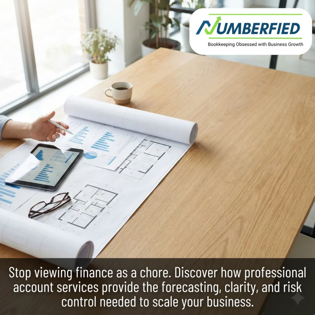 A person reviewing financial charts and blueprints with a tablet on a desk, illustrating the clarity and forecasting provided by Professional Account Services.