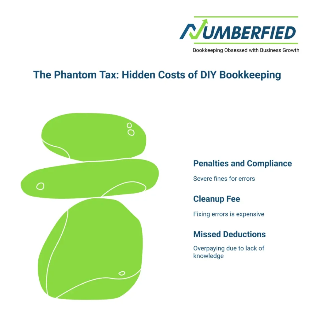 Visual breakdown of common DIY bookkeeping mistakes and their financial impact on small businesses.