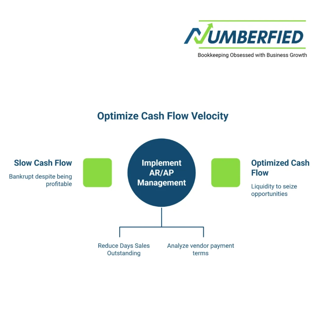 Infographic: Optimize Cash Flow Velocity. Implement AR/AP Management to move from Slow Cash Flow to Optimized Cash Flow.