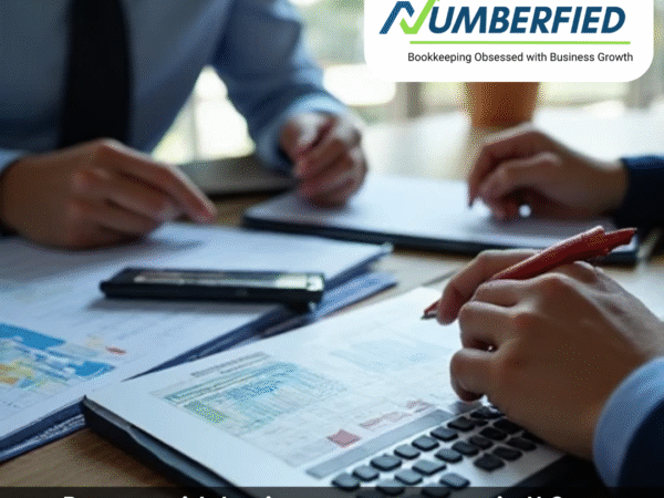 Two people reviewing financial documents and graphs at a desk, promoting Numberfied’s bookkeeping and growth strategy services for businesses in the U.S.
