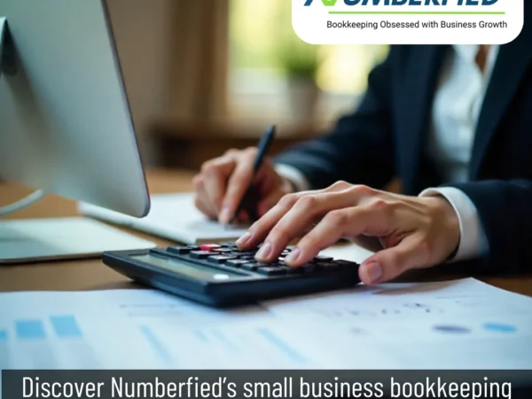 Hands using a calculator and writing notes on financial documents, representing Numberfied’s Small Business Bookkeeping Service that keeps income, expenses, and taxes organized.