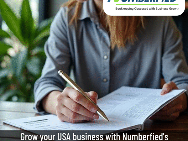 A person reviews financial documents at a desk, promoting Numberfied’s bookkeeping services for USA businesses with a focus on financial management and profit growth.