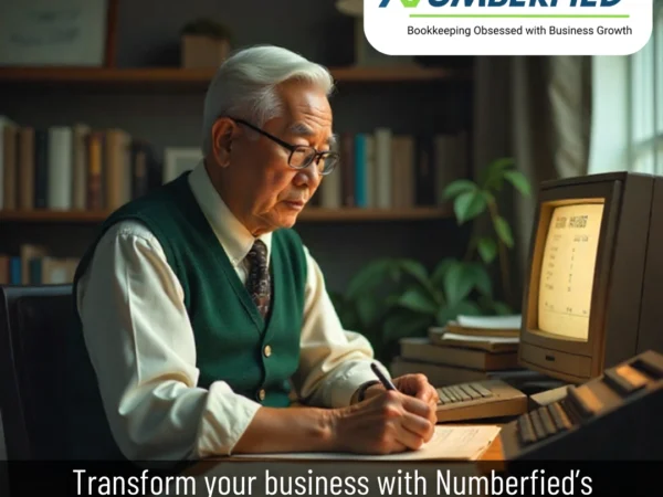 An experienced senior professional sitting at a desk, focused on paperwork and a laptop, representing the reliability and expertise of an Accounting & Bookkeeping Service.