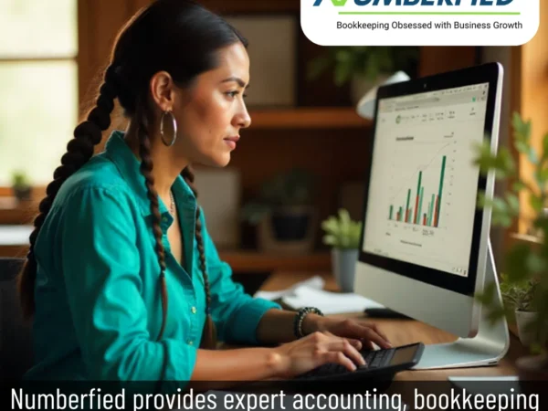 Professional accountant checking reports on her screen for accounting bookkeeping and tax services tasks.