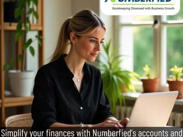 Professional woman handling accounts and bookkeeping services on her computer.