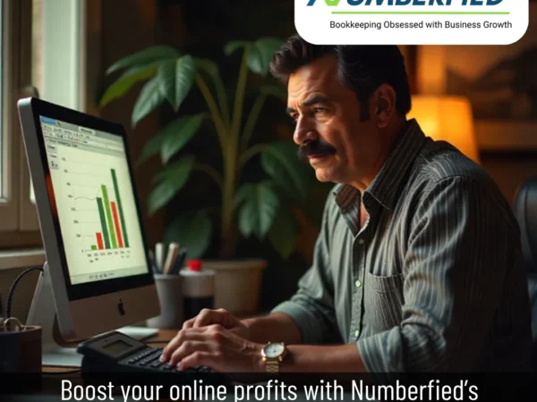 Accountant focused on desktop charts while handling ecommerce accounting bookkeeping services.